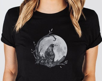 Whimsigoth Raven Crow Blommig Gotisk Crowcore Fågelälskare Fullmåne Vintage Noir T-shirt Unisex Jersey Kortärmad