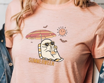 Summerween Cute Spooky Summer Ghost and Bat Whimsigoth Halloween Lover T-Shirt Unisex Jersey Short Sleeve