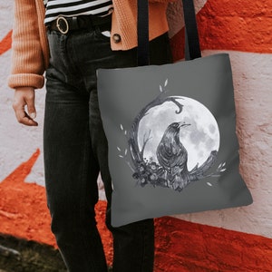 Whimsigoth Raven Crow Tote Floral Gothic Crowcore Bird Lover Full Moon Vintage Noir Bag