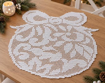 Christmas Bow Crochet Doily, Cotton Filet Crochet Table Centerpiece, Holiday Table Topper, Handmade Christmas Decor