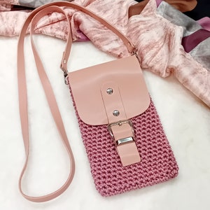 Gehaakte telefoontas, blushroze telefoonhouder, casual telefoonportemonnee, stijlvolle minimalistische crossbodytas, telefoonhoesje van imitatieleer, boho-telefoonzakje