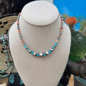 The Candy Store Necklace- Mixed Stones, Kingman Turquoise, and Graduated Sterling Pearls