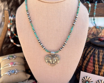 The Ocala Necklace- Kingman Turquoise, Sterling Pearls, and Large Horse Pendant