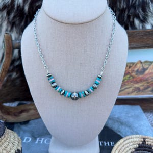 The Preppy Cowgirl Bar Necklace- Sterling Pearls, Kingman Turquoise, And Pink Conch