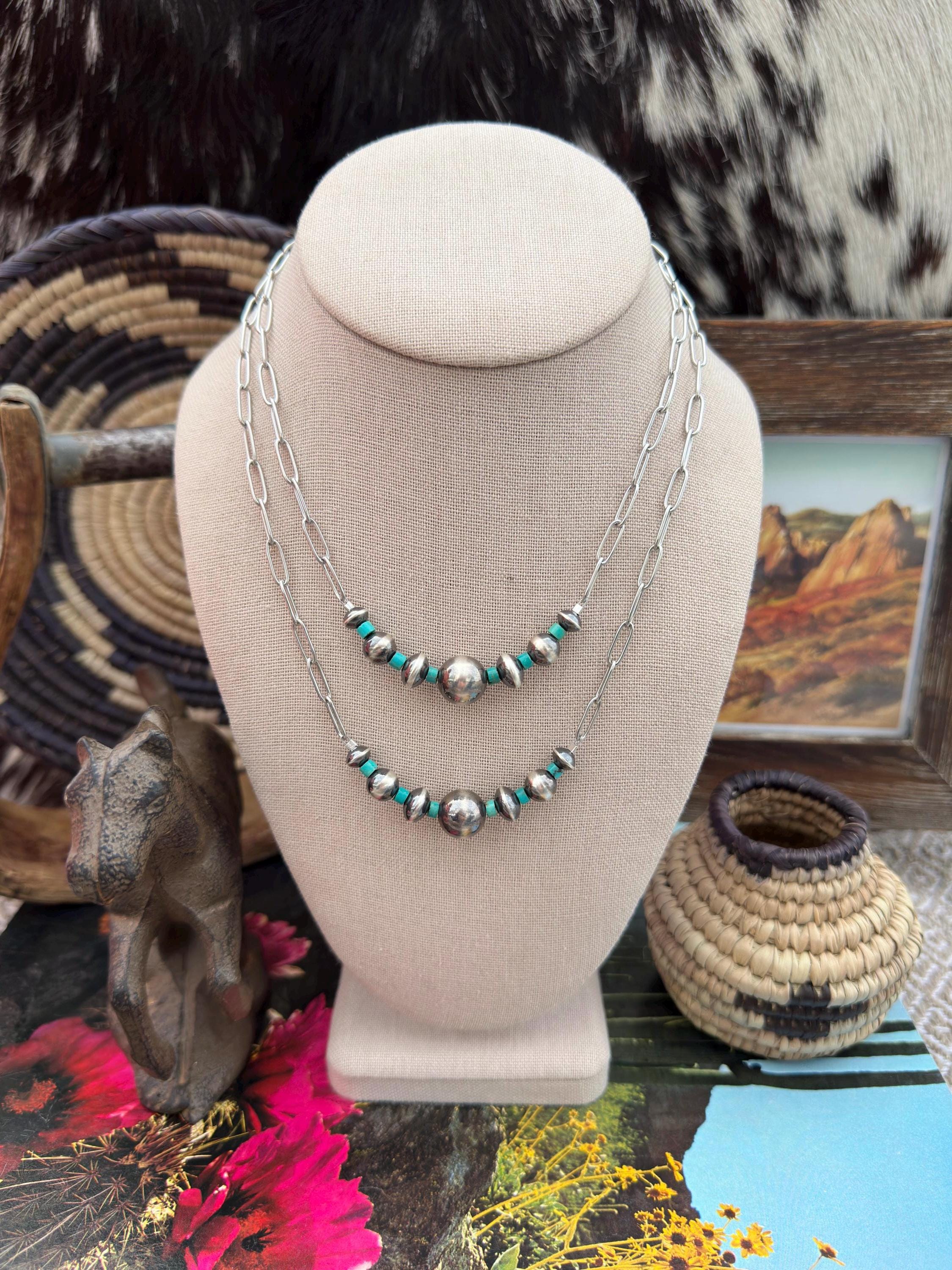 The Windstorm Bar Necklace- Sterling Pearls, Saucers, And Kingman Turquoise