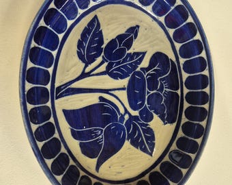 Large Vintage Studio Pottery Platter Blue White Floral Hand Painted Oval Serving Dish Scandinavian Folk Art Style Wall Decor