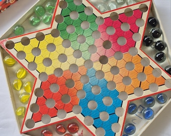 Vintage Chinese Checkers Game • Chun Yee Toy Factory Shanghai • Retro Glass Marble Board Game • 1970s Family Game Night Decor