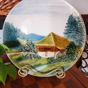 Large German Majolica Wall Plate Country Cottage Scene