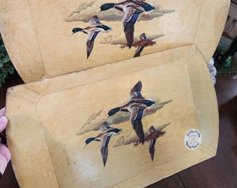 Hasko Haskelite Vintage 1950's Lithographed Wooden Mallard Duck trays Set 2