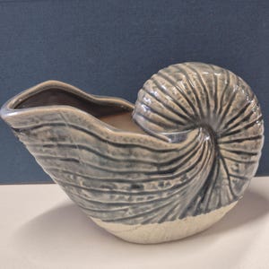 Vintage Nautilus Shell Ceramic Planter | Coastal Beach House Decor | Blue Gray Pottery Cachepot | Nautical Seashell Vase | Organic Modern Pl