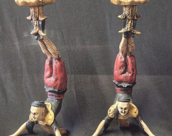 Vintage Acrobat Candle Holders Pair Handstand Circus Performer Candlesticks Folk Art Gothic Carnival Decor