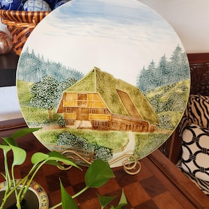 Extra Large German Majolica Wall Plate Country Cottage Scene