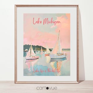 Cartel personalizado del lago / Regalo personalizado de celebración del lago / Estética rosa / Cartel vertical mate del velero / Vida del lago / Decoración de la casa del lago