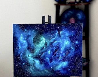 Donde las estrellas susurran: pintura al óleo original de una nebulosa, arte espacial.