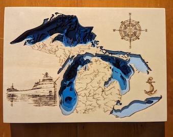 Michigan Great Lakes (with and without Ontario) Laser CNC Engrave / Cut Design File (AI & Lightburn LBRN2 files)