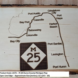Carte M-25 du comté de Huron dans le Michigan - découpe laser en direct - Taille : 13 x [9,5 - 10] pouces