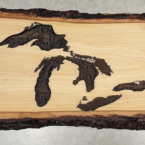 Live Edge 13&quot; x 9.5&quot; Engraved Bathymetric Michigan Great Lakes Map