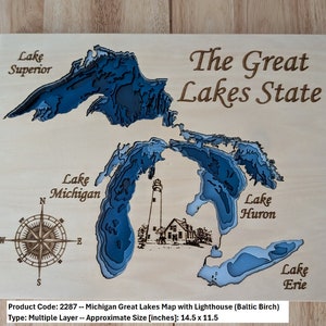 Missouri Great Lakes Karte mit Leuchtturm (Baltic Birch) - Mehrere Layer Laser Cut - Größe: 14,5 x 11,5 Zoll