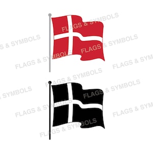 Op de afbeelding: Twee vlaggen op een witte achtergrond. De bovenste vlag is rood met een wit Scandinavisch kruis. De onderste vlag is zwart met een wit Scandinavisch kruis. De afbeelding bevat de tekst "FLAGS & SYMBOLS".