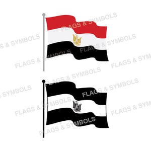 May include: Two Egyptian flags are depicted, one in full color and the other in black and white. The flags feature red, white, and black horizontal stripes with a golden eagle emblem. The black and white version is a silhouette.