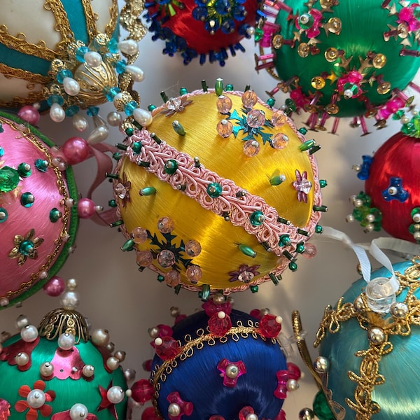 Vintage Beaded Sequin Push Pin Christmas Ornaments, MCM Baubles, Satin Ball Beaded Crystals Pearls, Mid Century Baubles, Retro Tree Vtg Glam