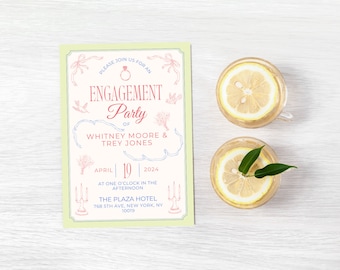 May include: An engagement party invitation with a pale green border and pink and blue decorative elements. The invitation includes the names Whitney Moore & Trey Jones, the date April 19, 2024, and the location, The Plaza Hotel.