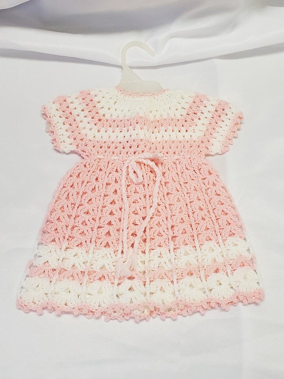 Handmade Pink and White Crocheted Infant Dress for