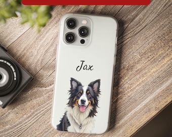 Op de afbeelding: Een doorzichtig smartphonehoesje met een aangepaste illustratie van een zwart, wit en bruine Border Collie met de naam Jax in zwarte schrijfletters erboven gedrukt. De tekst NEW!! PREVIEW YOUR DESIGN!! staat op een rode banner bovenaan.