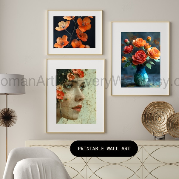 Three Piece Wall Art - Orange Flowers & Girl's Face Art Prints, Botanical Decor for Home, Unique Housewarming Gift