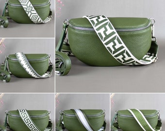 Khaki M Bauchtasche für Frauen mit gemustertem Riemen Leder Damen Schulter Crossbody Umhängetasche mit silber Hardware breitem Träger