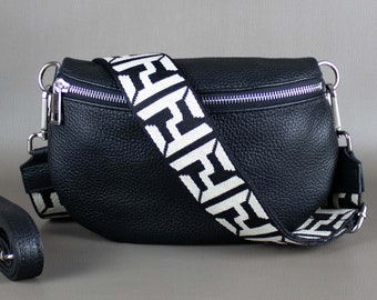 Schwarz Bauchtasche für Frauen mit gemustertem Riemen Leder Damen Schulter Crossbody Umhängetasche mit silber Reißverschlus breitem Träger