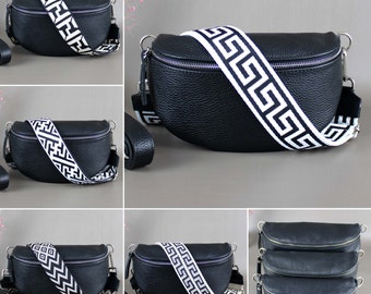 Black M Fanny Pack For Women With Patterned Strap Leather Crossbody Shoulder Waist Bag Silver Hardware Handbag Interchangeable Wide Belt