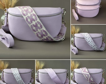Purple Fanny Pack For Women With Patterned Strap Leather Crossbody Shoulder Waist Bag Silver Zipper Handbag Interchangeable Wide Belt