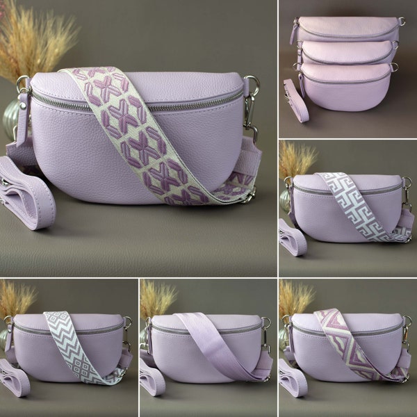 Purple Fanny Pack For Women With Patterned Strap Leather Crossbody Shoulder Waist Bag Silver Zipper Handbag Interchangeable Wide Belt