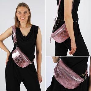 Hell Rosa Kroko-Optik Leder Bauchtasche für Frauen, Krokodilleder-Prägung Schultertasche Damen, Leder Crossbodybag, Geschenk für sie