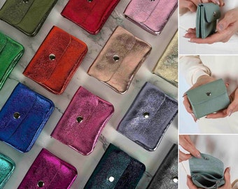 Portafoglio in pelle lucida, portafoglio luccicante per signore, portafoglio fatto a mano per donne, portamonete, borsellino, regalo