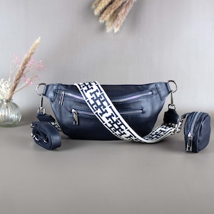 Navy Blue Belly Bag For Women With Patterned Strap Leather Crossbody Shoulder Waist Bag Silver Hardware Handbag Interchangeable Wide Belt