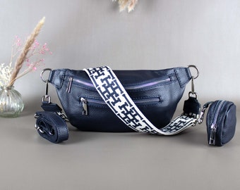 Navy Blue Belly Bag For Women With Patterned Strap Leather Crossbody Shoulder Waist Bag Silver Hardware Handbag Interchangeable Wide Belt