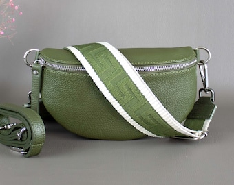 Khaki S Bauchtasche für Frauen mit gemustertem Riemen Leder Damen Schulter Crossbody Umhängetasche mit silber Hardware breitem Träger