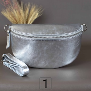Silver Fanny Pack For Women With Patterned Strap Leather Crossbody Shoulder Waist Bag Silver Zipper Handbag Interchangeable Wide Belt 1