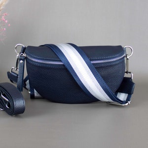 Navy Blue S Fanny Pack For Women With Patterned Strap Leather Crossbody Shoulder Waist Bag Silver Hardware Handbag Interchangeable Wide Belt