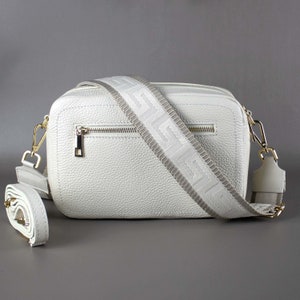 Beige Leather Waist Bag for Women with Wide Interchangeable Strap, Crossbody Sling Hip Bag Handbag with Patterned Strap with Gold Hardware