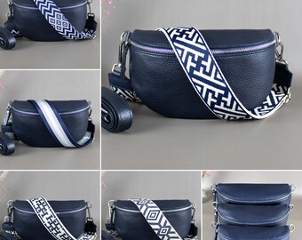 Navy Blue M Fanny Pack For Women With Patterned Strap Leather Crossbody Shoulder Waist Bag Silver Hardware Handbag Interchangeable Wide Belt