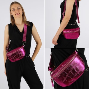 Rosa Kroko-Optik Leder Bauchtasche für Frauen, Krokodilleder-Prägung Schultertasche Damen, Leder Crossbodybag, Geschenk, Silver Hardware
