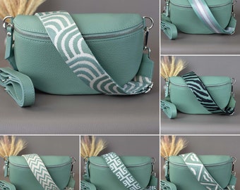 Mint Green Fanny Pack For Women With Patterned Strap Leather Crossbody Shoulder Waist Bag Silver Zipper Handbag Interchangeable Wide Belt