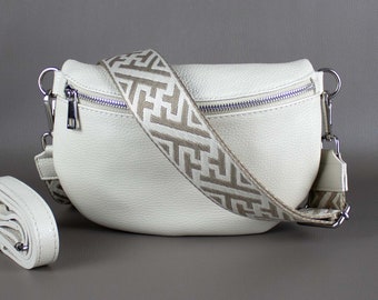 Beige Fanny Pack For Women With Patterned Strap Leather Crossbody Shoulder Waist Bag Silver Hardware Handbag Interchangeable Wide Belt