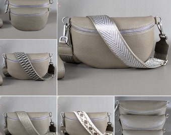 Taupe Brown M Fanny Pack For Women With Patterned Strap Leather Crossbody Shoulder Waist Bag Silver Zipper Handbag Interchangeable Wide Belt