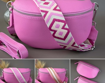 Pink Fanny Pack For Women With Patterned Strap Leather Crossbody Shoulder Waist Bag Silver Zipper Handbag Interchangeable Wide Belt