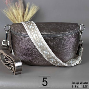Bronze Fanny Pack For Women With Patterned Strap Leather Crossbody Shoulder Waist Bag Silver Zipper Handbag Interchangeable Wide Belt 5