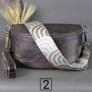 Bronze Fanny Pack For Women With Patterned Strap Leather Crossbody Shoulder Waist Bag Silver Zipper Handbag Interchangeable Wide Belt 2